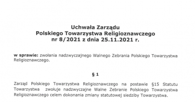 Nadzwyczajne Walne Zebranie Polskiego Towarzystwa Religioznawczego | 17.12.2021, godz. 19.00.